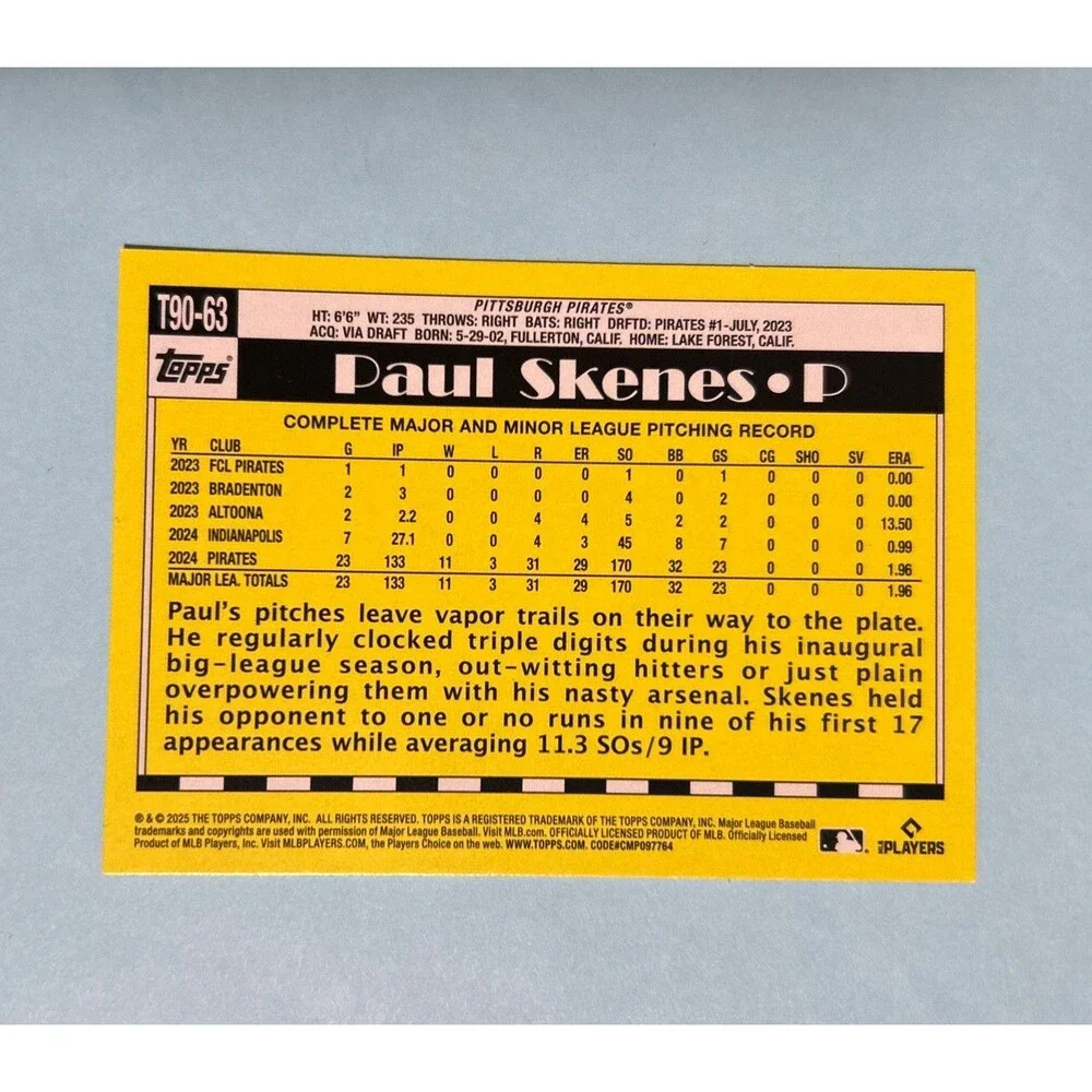 Paul Skenes ,Pirates 2025 Topps Series 1 #T90-63 35th Anniversary 1990 Topps